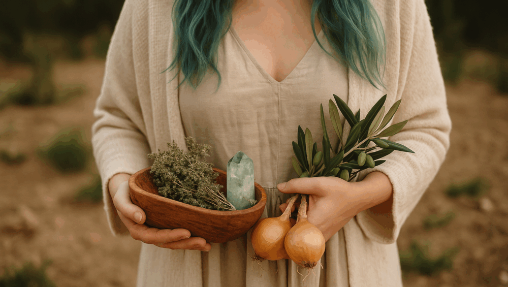 fundadora en la naturaleza junto a una bandeja de materiales para un ritual