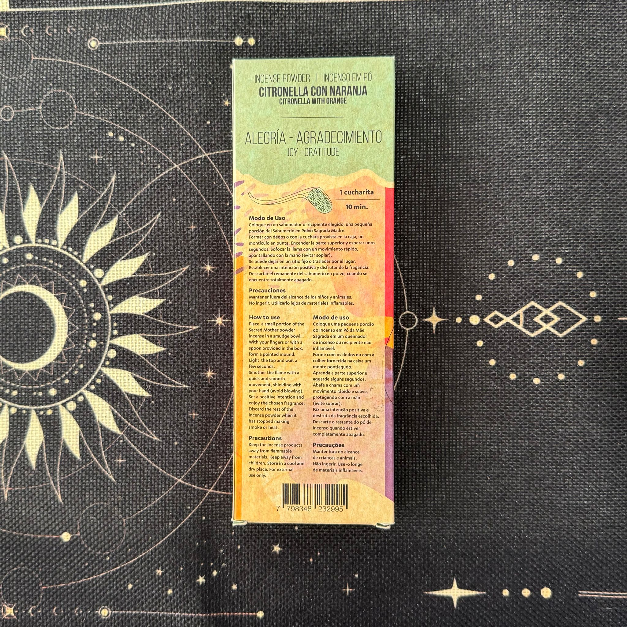incienso en polvo de citronela y naranja sagrada madre ecomagic