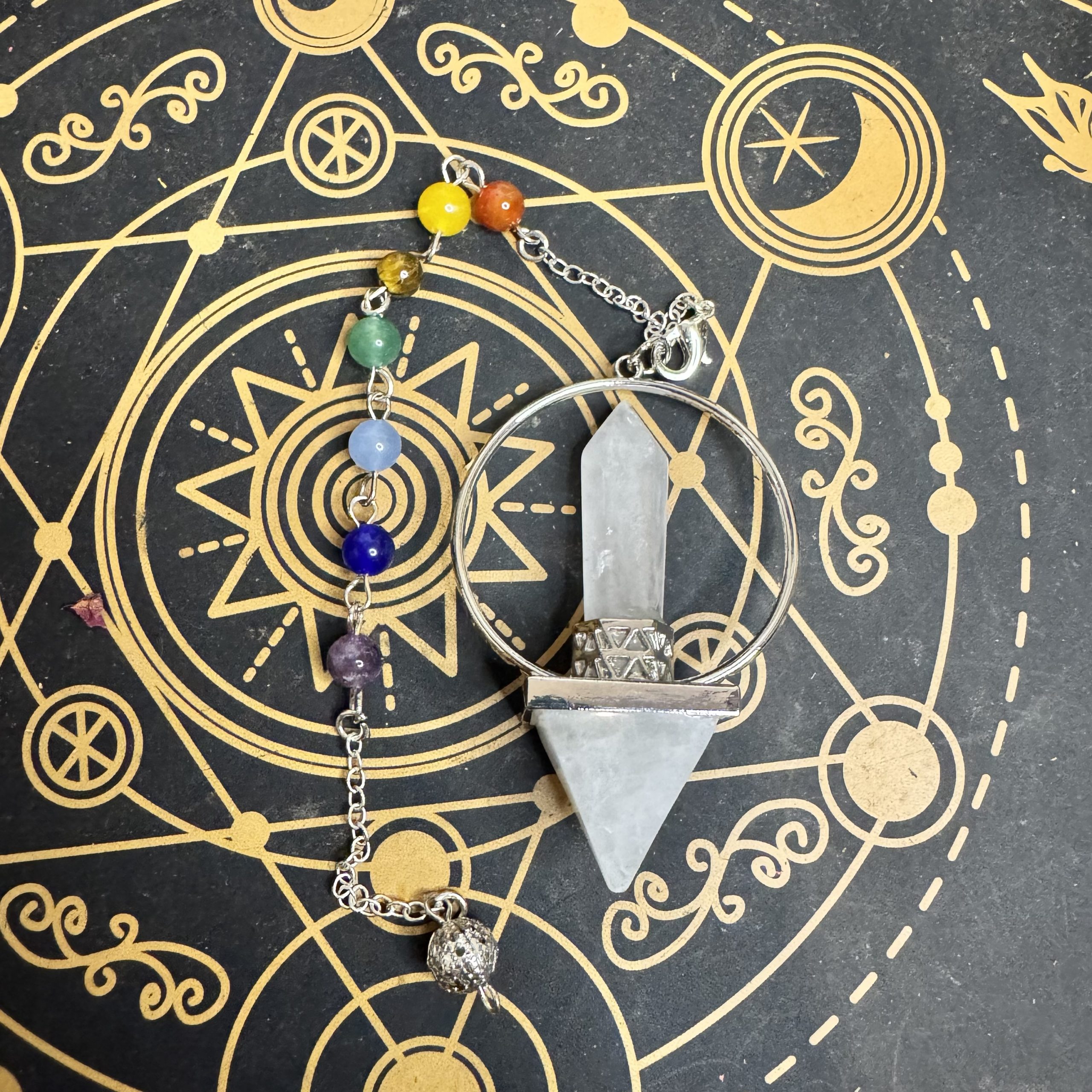Péndulo de los 7 Chakras con Doble Punta de Cuarzo Blanco – Equilibrio y Armonía